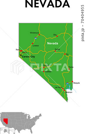 ネバダ州の地図　州都、主な都市、幹線道路 70404955