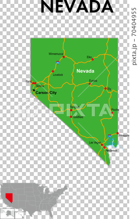 ネバダ州の地図　州都、主な都市、幹線道路 70404955