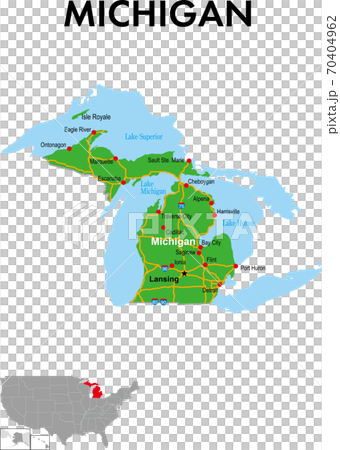ミシガン州の地図 州都、主な都市、幹線道路のイラスト素材 [70404962] PIXTA