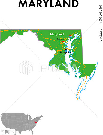 メリーランド州の地図 州都、主な都市、幹線道路 メリーランド州の地図 州都、主な都市、幹線道路 70404964