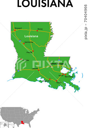 ルイジアナ州の地図　州都、主な都市、幹線道路 70404966