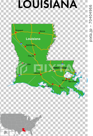 ルイジアナ州の地図　州都、主な都市、幹線道路 70404966
