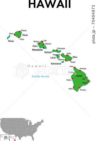 ハワイ州の地図 州都 主な都市のイラスト素材