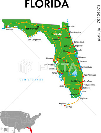 フロリダ州の地図 州都 主な都市 幹線道路のイラスト素材