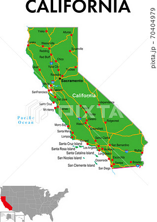 カリフォルニア州の地図 州都 主な都市 幹線道路のイラスト素材