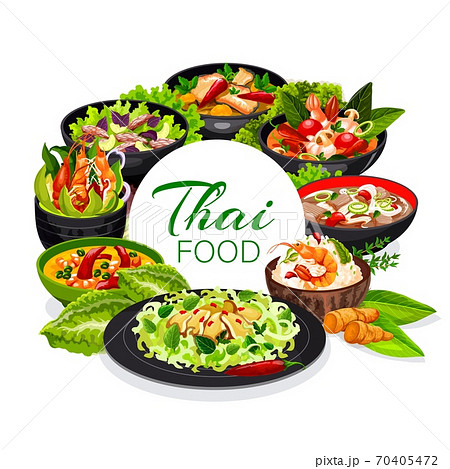 Thai cuisine, vector dishes round frame, poster Thai cuisine, vector dishes round frame, poster 70405472