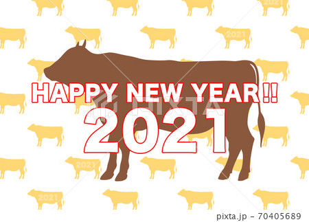 2021　年賀状　大きな牛とたくさん並ぶ牛のシルエットの年賀状 70405689