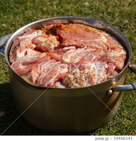In a metal pan there are many pieces of pork meat with spices, prepared for grilling roasting, concept, close-up In a metal pan there are many pieces of pork meat with spices, prepared for grilling roasting, concept, close-up 70406345