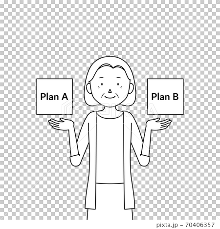 2つのプラン(選択肢)を比較するシニア女性のイラスト 2つのプラン(選択肢)を比較するシニア女性のイラスト 70406357