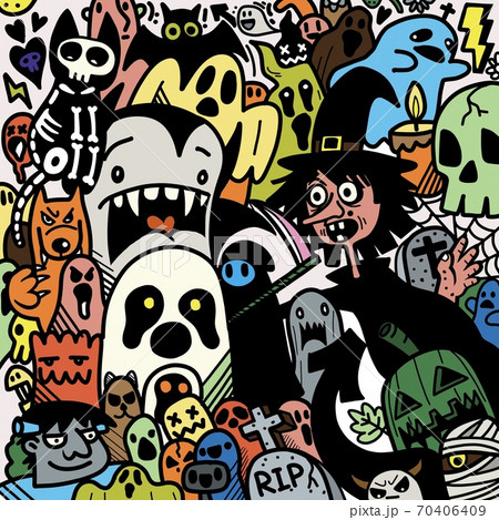 Happy Halloween illustration, wolfman, spooky, vampire and witch surrounding the ghost lovely happy halloween elements background. 70406409