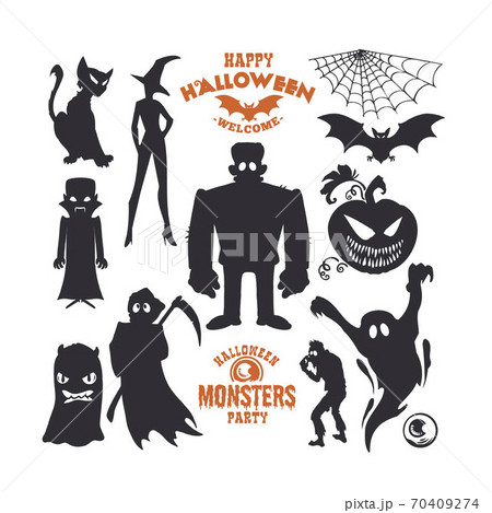 Set of mystical creatures for Halloween. A collection of black silhouettes on light background. Vector illustration of monsters. Set of mystical creatures for Halloween. A collection of black silhouettes on light background. Vector illustration of monsters. 70409274