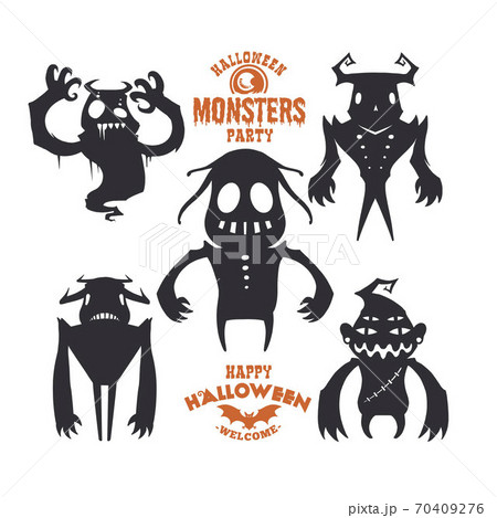 Set of mystical creatures for Halloween. A collection of black silhouettes on light background. Vector illustration of monsters. Set of mystical creatures for Halloween. A collection of black silhouettes on light background. Vector illustration of monsters. 70409276