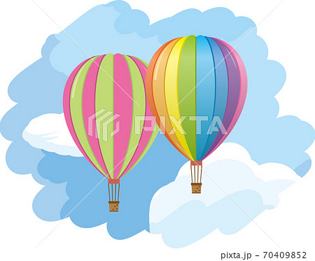 青空に浮かんでいるカラフルな気球のイメージイラストのイラスト素材