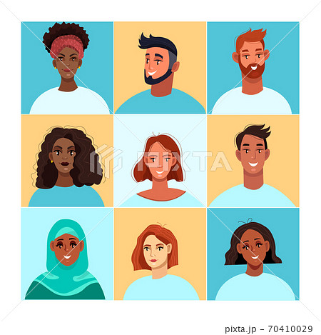 Zoom video conference illustration with diverse peoples faces.  70410029