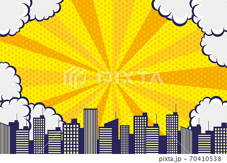 コミックアート風の雲と空と都市の背景素材のイラスト素材