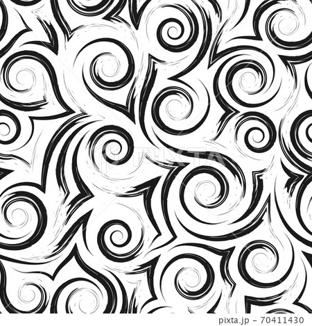 Geometric seamless pattern of smooth black waves of spirals and curls on a white background.Monochrome pattern sea or ocean stylized waves or ripples on the water. 70411430