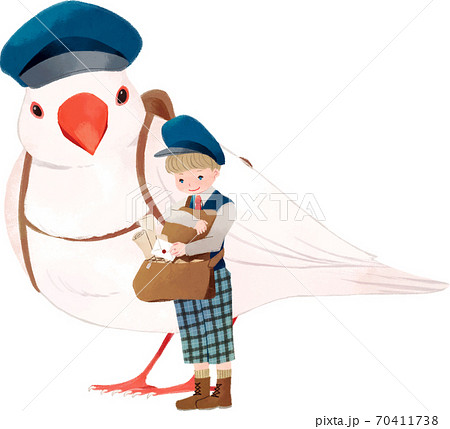 白い鳥と男の子の郵便屋さんのイラスト素材