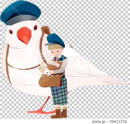 白い鳥と男の子の郵便屋さんのイラスト素材