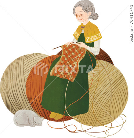 編み物をする女性のイラスト素材