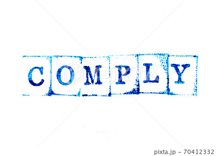 Blue color ink of rubber stamp in word comply on white paper background 70412332