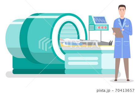 Laboratory diagnostics, man patient lying at tomography machine, smiling radiologist in medical gown 70413657