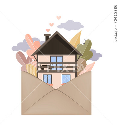 Autumn forest and house in Envelope. Hygge autumn and cosy home concept. Vector illustration 70415386