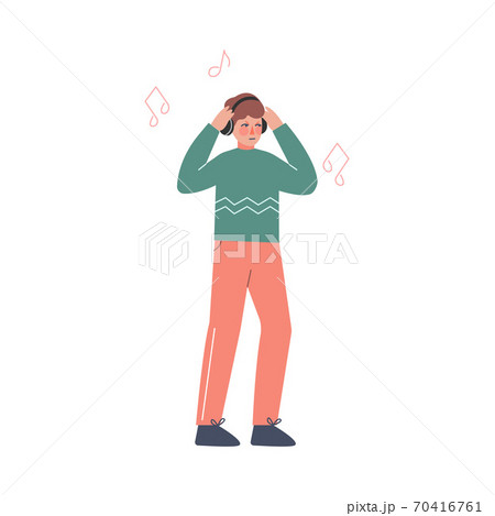 Guy Wearing Earphones Listening to Music, Person Relaxing, Reducing and Managing Stress Cartoon Style Vector Illustration 70416761