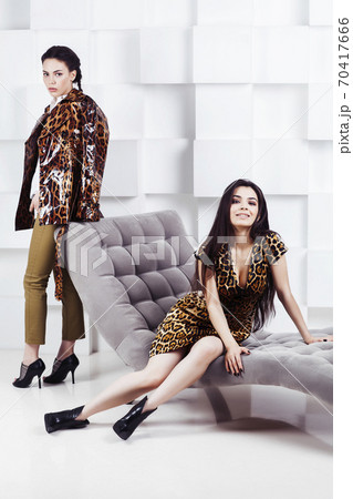 pretty stylish woman in fashion dress with leopard print together in luxury rich room interior, lifestyle people concept, modern brunette together 70417666