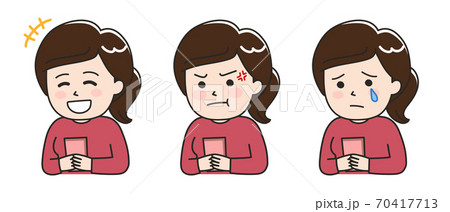 スマートフォンを見る女性 笑う 怒る 泣く イラストのイラスト素材