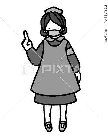 アンティークドール風の看護師人形が指差しで説明している手描きイラスト モノクロ のイラスト素材