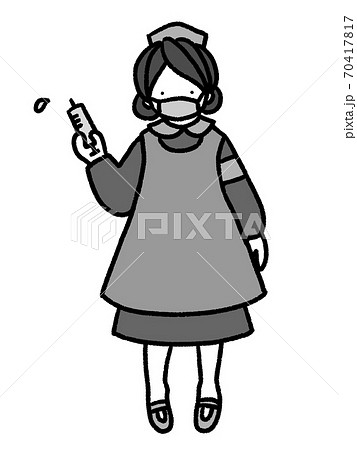 アンティークドール風の看護師人形が注射器を持っている手描きイラスト モノクロ のイラスト素材