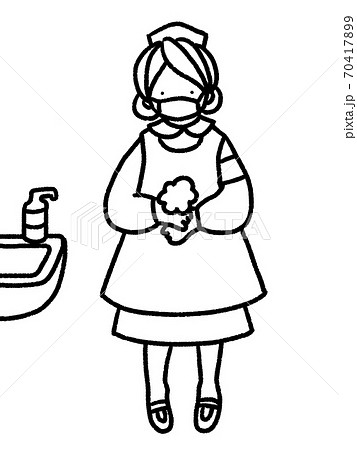 アンティークドール風の看護師人形が手を洗っている手描きイラスト 線画 のイラスト素材