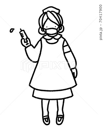 アンティークドール風の看護師人形が注射器を持っている手描きイラスト 線画 のイラスト素材