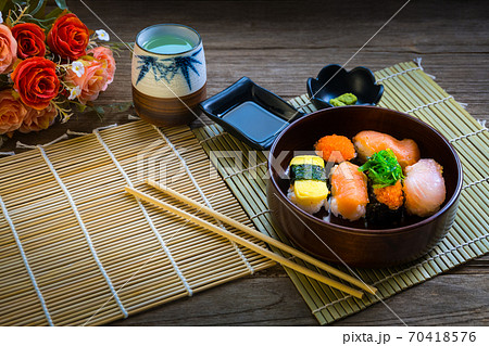 Sushi set served on wood table 70418576