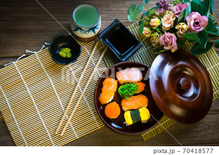 Sushi set served on wood table 70418577