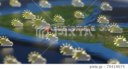 Partly cloudy weather icons near Guatemala City on the map, weather forecast related 3D rendering 70419074