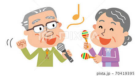 カラオケ 高齢者 デュエット イラスト モノトーンのイラスト素材