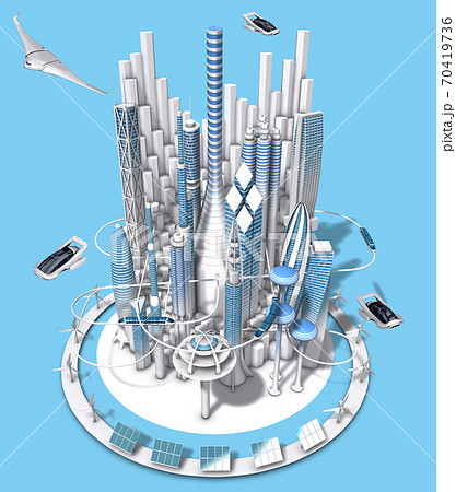 俯瞰から見た青と白の未来都市の3dcg 70419736
