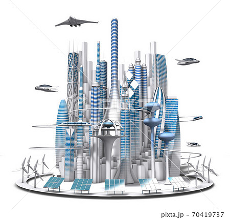 正面から見た青と白の未来都市の3dcgのイラスト素材