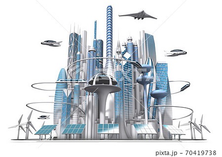 水平正面から見た青と白の未来都市の3dcgのイラスト素材
