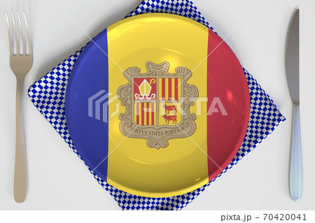 Plate with flag of Andorra on the table, national cuisine conceptual 3d rendering Plate with flag of Andorra on the table, national cuisine conceptual 3d rendering 70420041