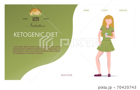 Web site of nutrition on the keto diet. Foods, calculation of water, beverages, fat, protein and carbohydrates for a healthy diet according to the keto diet. Infographics of healthy food with young 70420743