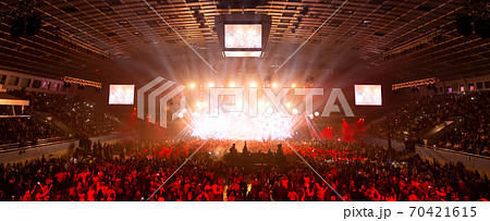 Stage illuminated by beautiful rays of lighting equipment. 70421615