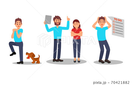 People Characters with Fear of Dog and Multitasking Vector Illustration Set 70421882