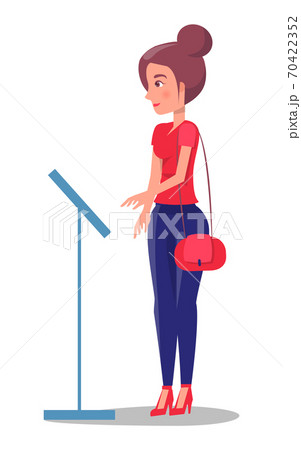 Woman buyer near stand with information, female reading about product or good, cartoon character Woman buyer near stand with information, female reading about product or good, cartoon character 70422352