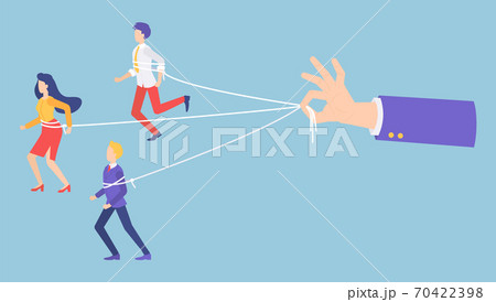 People marionettes connecting with ropes, businessman s hand holding ropes, control steps of workers People marionettes connecting with ropes, businessman s hand holding ropes, control steps of workers 70422398