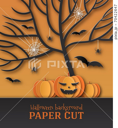 Halloween poster illustration, banner. Greeting card, design in the style of paper cut, art. Spiders, spider web, smiling pumpkin under the tree and bats on an orange background. Place for text Halloween poster illustration, banner. Greeting card, design in the style of paper cut, art. Spiders, spider web, smiling pumpkin under the tree and bats on an orange background. Place for text 70422647