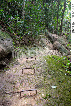 Steep part with chains and iron ladder on the rock of Parque Lage to Corcovado Trail, Rio de Janeiro, Brazil 70423114