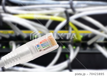 Data connection with rj45 patch cable, conceptual shot. 70423895