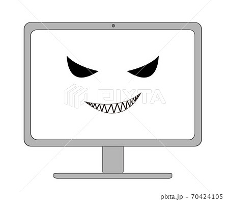 怪しい笑いを浮かべている顔つきのパソコンのイラスト素材